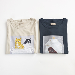 T恤上衣小衫 日单森女日系SM涤棉卡通猫狗印花修身 直筒型圆领短袖