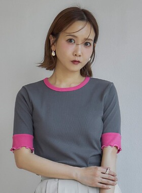 日单日系拼撞色螺纹弹力拼接修身款百搭圆领短袖T恤上衣女M-4L码