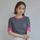 款 百搭圆领短袖 T恤上衣女M 日单日系拼撞色螺纹弹力拼接修身 4L码