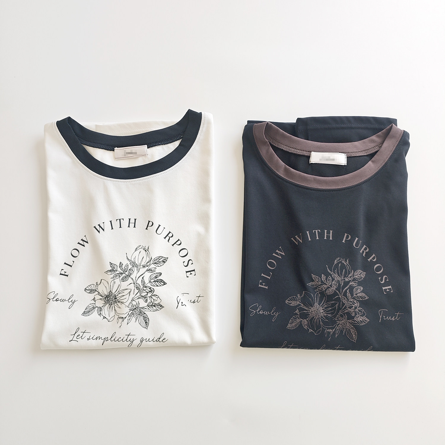 日单日系春夏黑白丝光棉手绘花朵字母印花短袖圆领T恤小衫上衣女