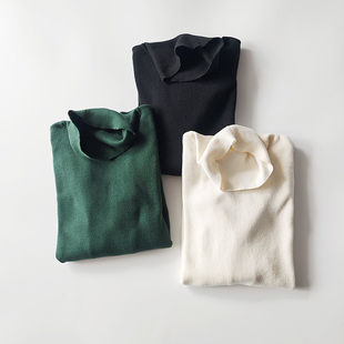 日单日系吸湿发热纯棉线织螺纹大弹力长袖 上衣女 高领内搭打底线衫