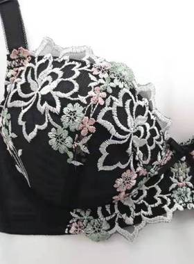 日单软钢圈黑色刺绣花朵文胸内衣内裤套装贴身衣物不tui换介意慎