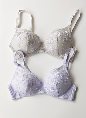 日单日系裸灰紫色花朵刺绣无钢圈下厚款内衣文胸贴身不tui换慎拍