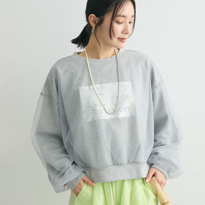 日单日系金箔印花双层拼接网纱宽松短款百搭圆领长袖卫衣上衣女