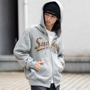 日单日系秋冬水洗加绒宽松豹纹贴布字母连帽长袖拉链卫衣外套男女
