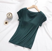 上衣瑜伽纯棉睡衣女夏季 免穿文胸罩杯一体式 T恤 莫代尔带胸垫短袖