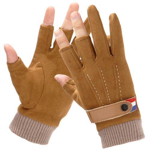 漏三指麂皮绒保暖手套