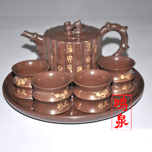 经品款木鱼石捆竹茶具套装，天然深层木鱼石茶壶茶具，杯子