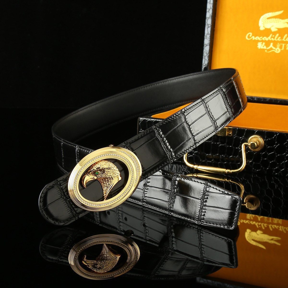 史蒂芬豹头鹰头鳄鱼纹真皮男士皮带镶钻牛皮裤腰带平滑扣商务休闲