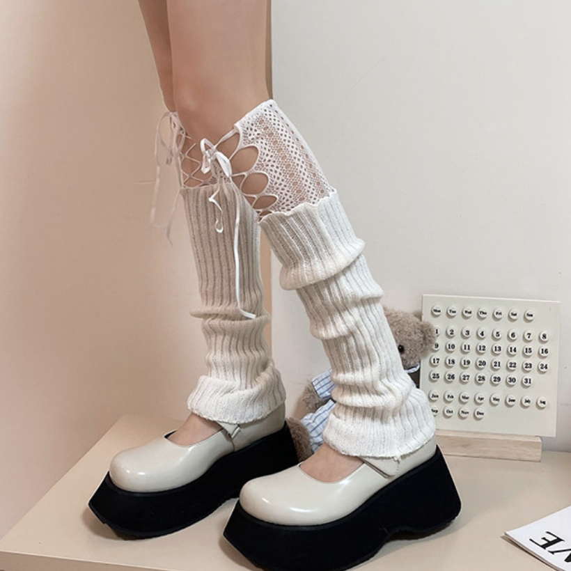白色针织袜套y2k小腿纯欲辣妹学院堆堆蕾丝中筒jk丝袜子交叉绑带