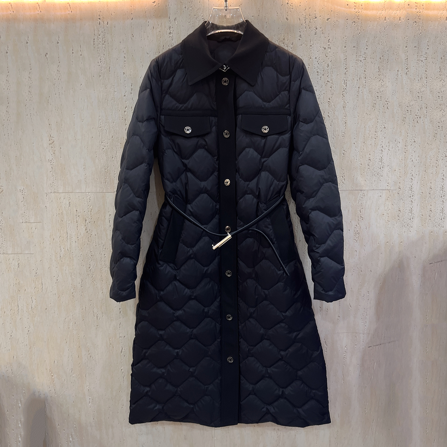 菱形格轻薄系腰带鹅绒长款羽绒服