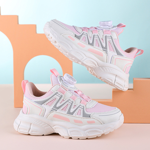 2025新款女童纽扣鞋双网透气皮面防水运动鞋女孩轻便减震跑步鞋