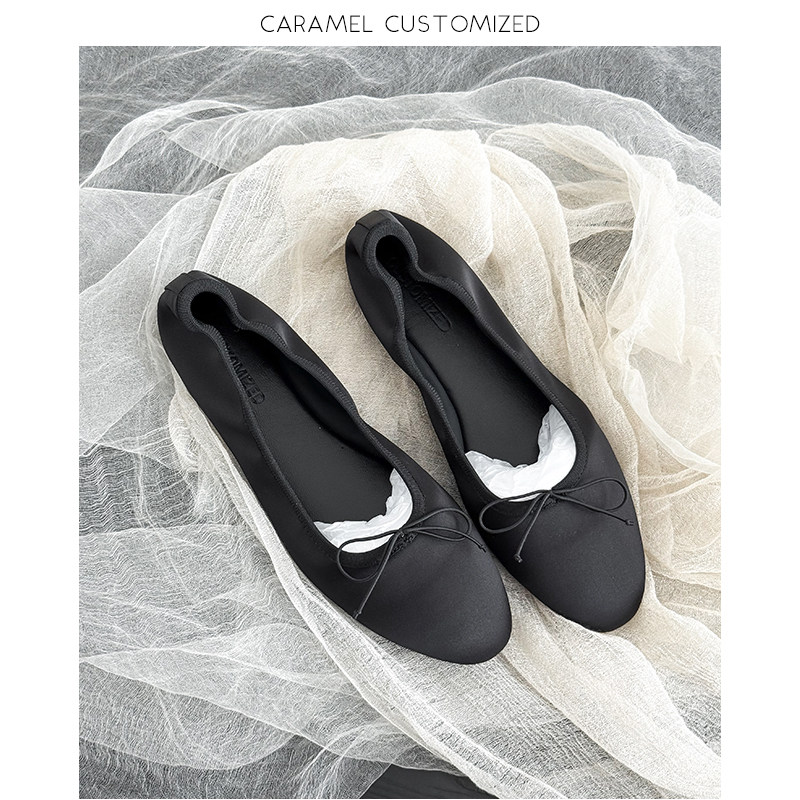 焦糖CARAMEL-秋冬圆头真丝女生平底单鞋公主芭蕾风蝴蝶结黑色-1cm