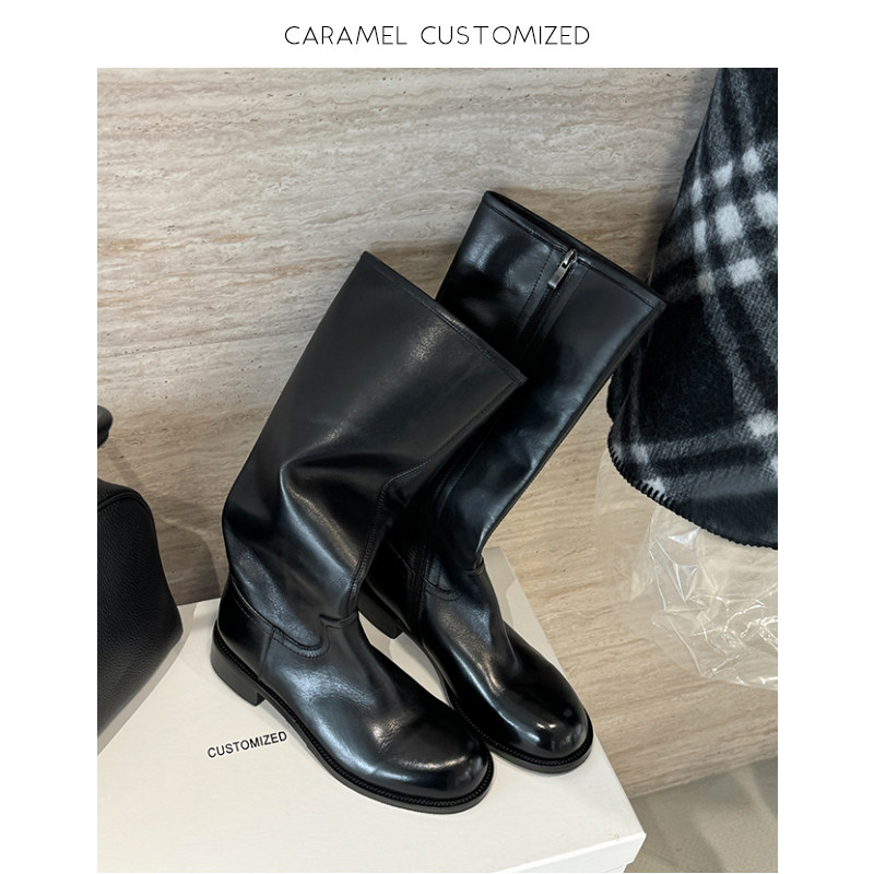 焦糖CARAMEL-真皮低跟长筒靴秋冬百搭款黑色平底女鞋-3cm