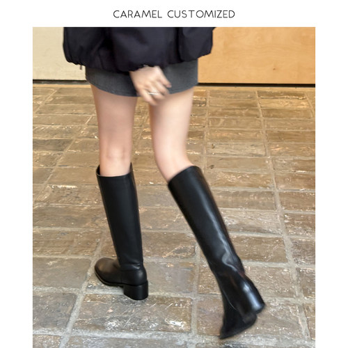 焦糖-真皮粗跟直筒靴高中筒长靴时尚法式时装靴女生高跟鞋-5cm