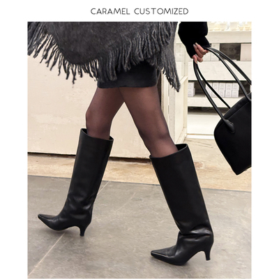 焦糖CARAMEL-小猫跟长靴真皮黑色高跟鞋女鞋时尚简约百搭法式-7cm