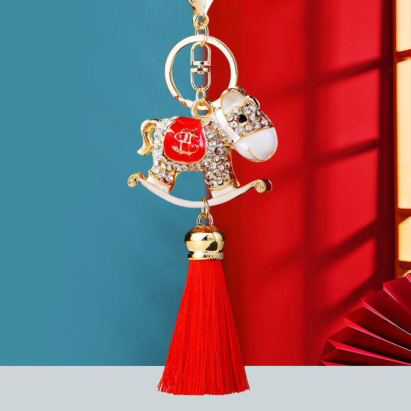 国潮镶钻流苏生肖小马汽车钥匙扣女包包挂件金属钥匙链圈商务礼品