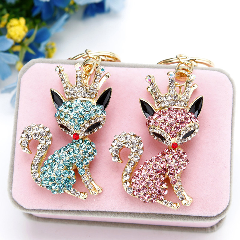 可爱水晶水钻情侣小狐狸汽车钥匙扣女包包挂件钥匙链韩国创意礼品