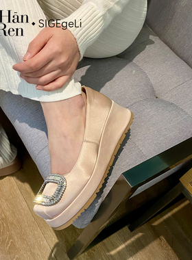 ShānRen 巨洋气 水钻方扣浅口单鞋女 绸缎松糕厚底芭蕾舞鞋增高