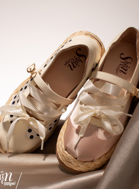 ShānRen法式复古 一字式扣带蝴蝶结浅口单鞋女厚底波点玛丽珍鞋