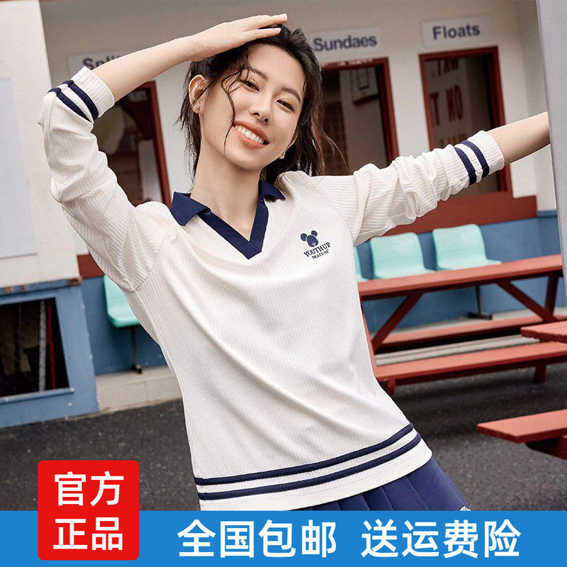 361度女士翻领长袖T恤学院风新品