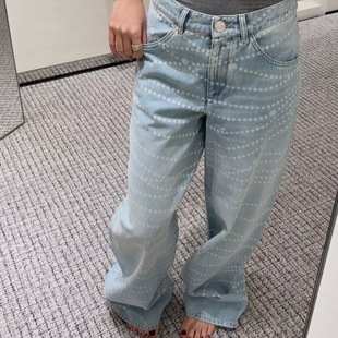 拖地长裤 小香风链条印花阔腿直筒百搭显瘦复古牛仔裤 1%ANGEL