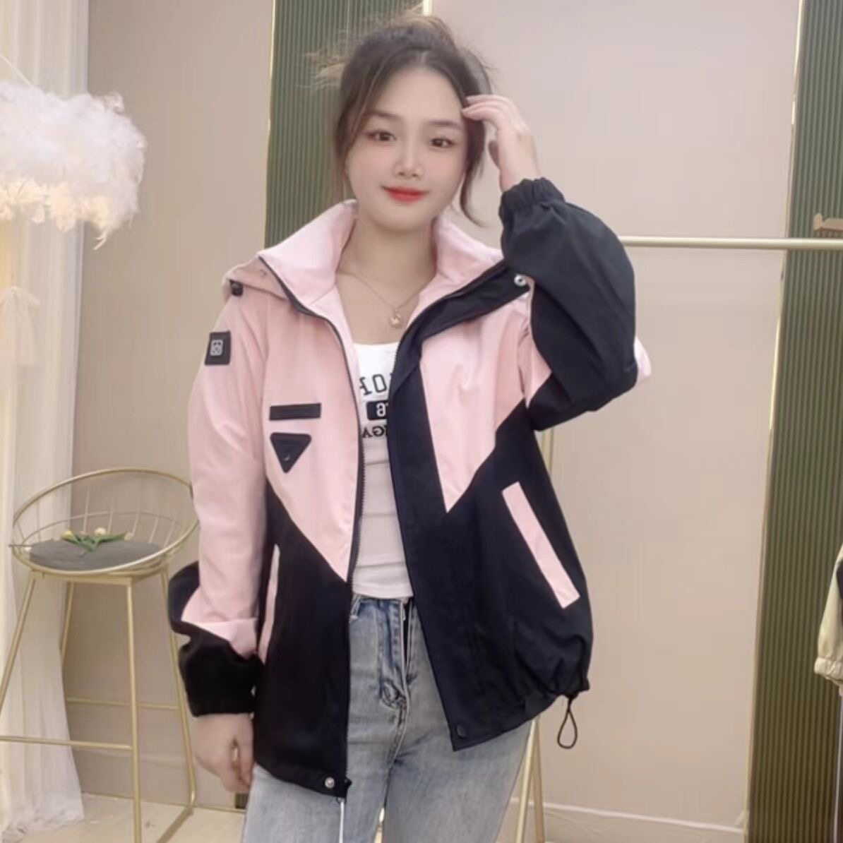 宽松休闲连帽夹克外套女2025秋季下摆抽绳设计冲锋衣有内衬有口袋