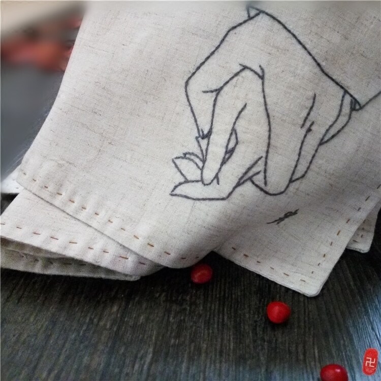 纯手工刺绣牵手古风棉麻手帕绢巾男女朋友定情人节生日礼物可diy