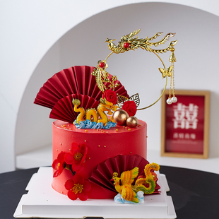 饰摆件订婚结婚龙凤呈祥扇子梅花甜品台插件插牌 中国风龙凤蛋糕装