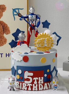 银河超人战士拿武器英雄蛋糕装饰摆件云朵五角星儿童生日烘焙插件