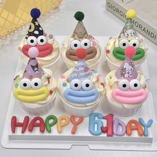 六一儿童节纸杯蛋糕装饰搞怪香肠嘴摆件彩色软胶61字母烘焙插件