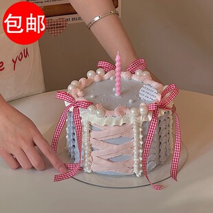 小红书同款芭蕾风蛋糕装饰红白格子丝带蝴蝶结女生女神女孩生日款