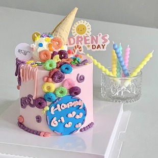 饰插件冰淇淋蛋筒五彩麦圈麦片摆件儿童生日插牌插件 ins风蛋糕装