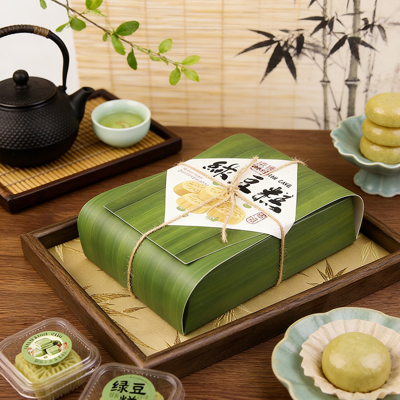 网红仿粽叶绿豆糕包装盒手工冰皮点心烘焙专用春游踏青打包礼品盒