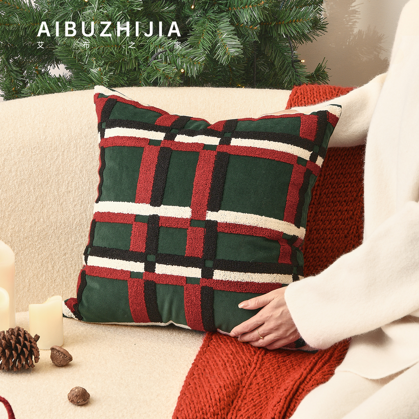 圣诞格子节日抱枕红色装饰简约沙发靠背靠枕客厅柔软毛线绣方枕套