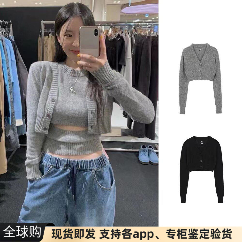 现货正品韩国RR rest recreation短款修身纯色羊毛圆领针织开衫春