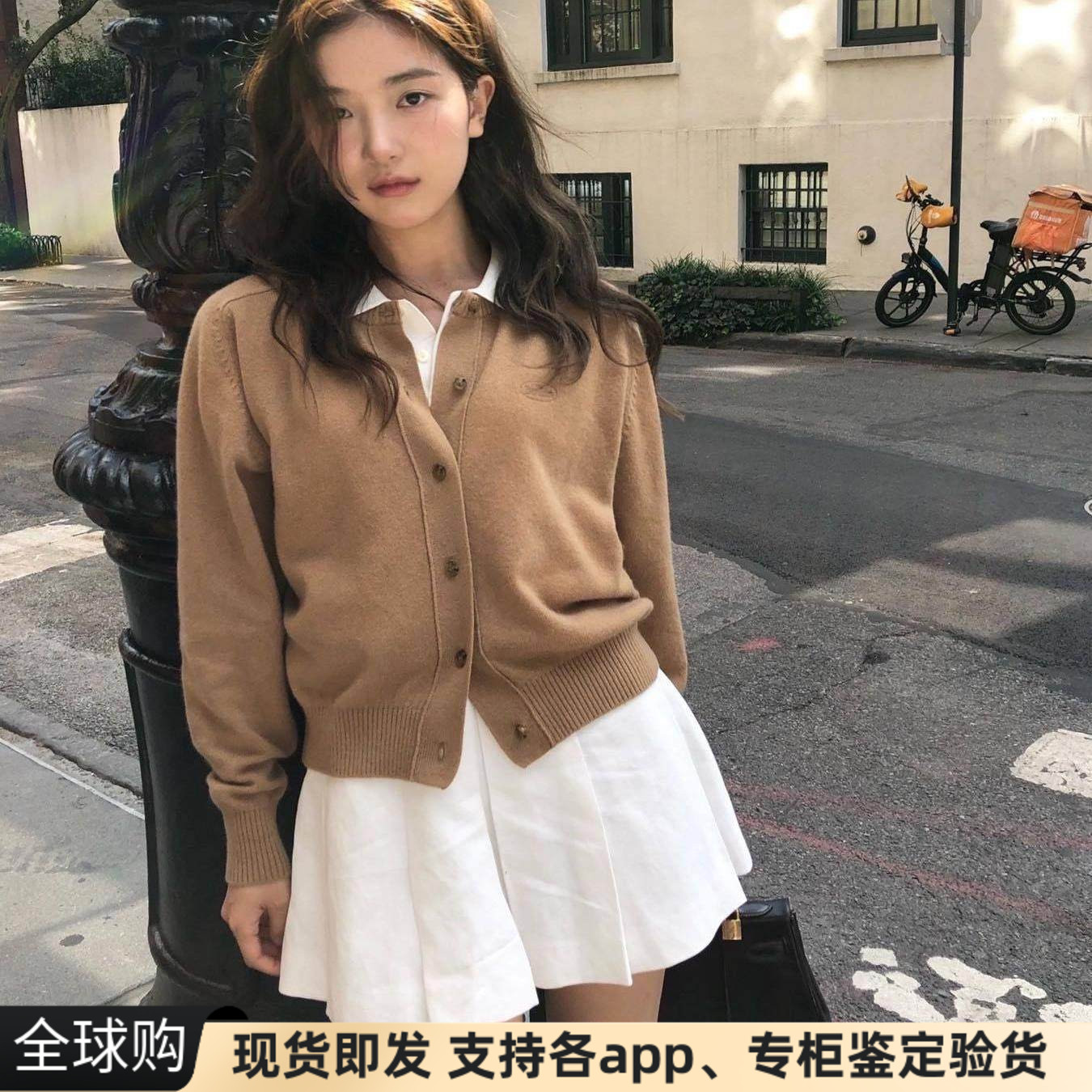 正品现货韩国barnet八奶学院风驼色羊毛圆领短款针织开衫毛衣