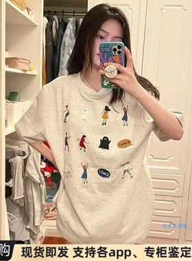 正品现货韩国ADER男女情侣背后刺绣小人宽松纯棉短袖t恤潮