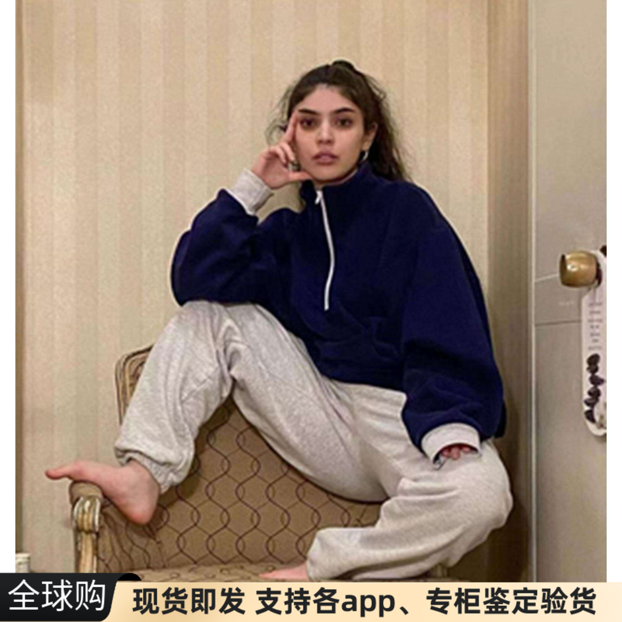 LAA半拉链立领翻领拼色套头卫衣