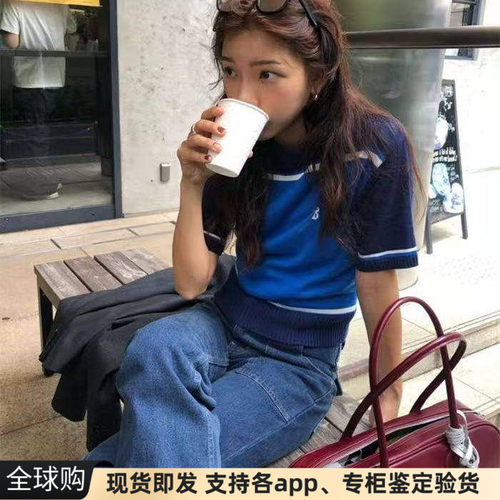正品现货韩国barnet八奶学院风撞色拼色短款修身短袖针织衫上衣
