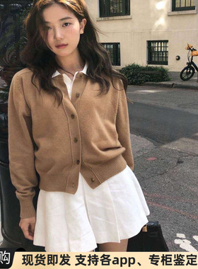 正品现货韩国barnet八奶学院风驼色羊毛圆领短款针织开衫毛衣