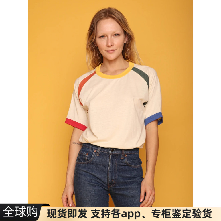 美国代购camp collection彩虹拼色斜肩宽松打底短袖t恤潮tee