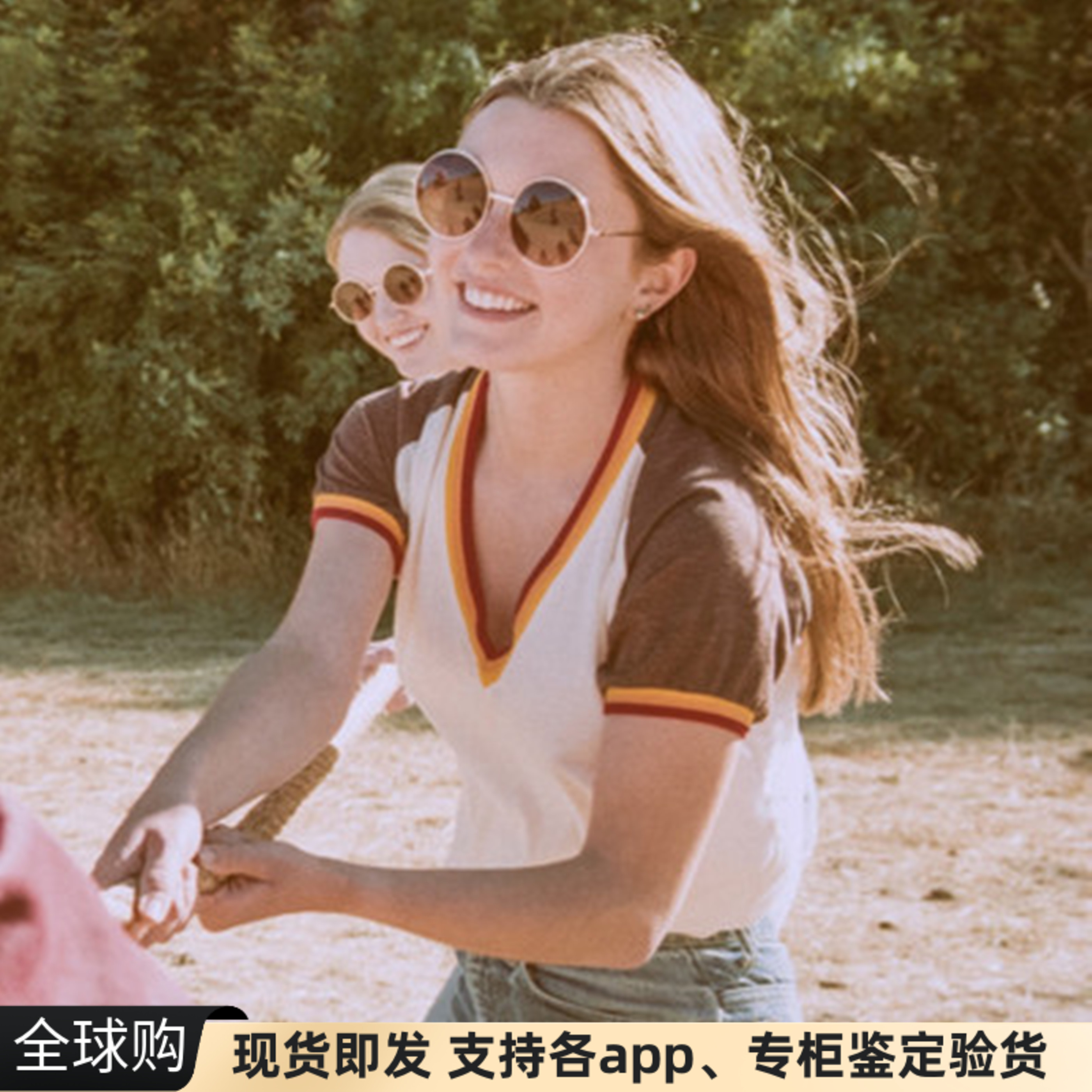 现货美国AA风camp collection复古条纹拼色v领宽松短袖t恤女夏潮