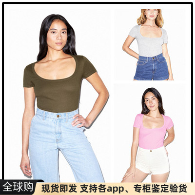 现货美国american apparel AA气质大圆领芭蕾修身纯色打底短袖t恤