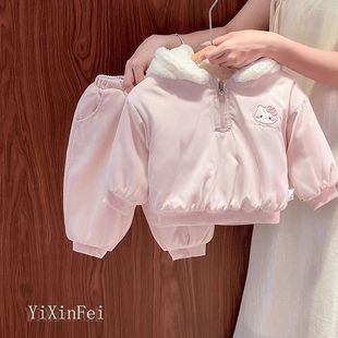 衣服三层夹棉加绒加厚棉袄棉裤 女童套装 女宝宝冬季 新款 两件套 冬季