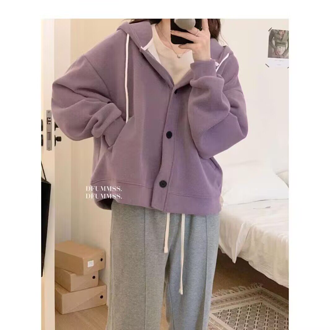 日系慵懒风高级感连帽卫衣女秋冬大码宽松小个子短款外套潮