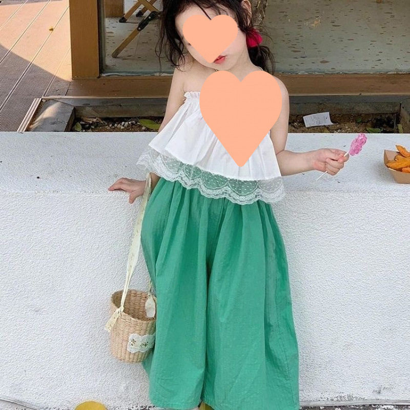 韩版女童2025夏季新款甜美蕾丝花边抹胸上衣女宝宝洋气绿色阔腿裤
