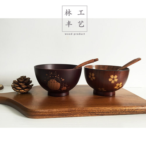 包邮天然环保日式木碗套装 创意卡通龙猫饭碗 家用餐具送木勺子 - 封面