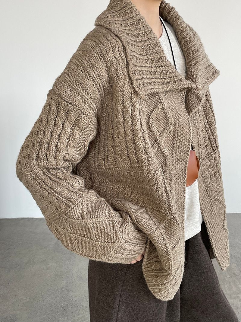 韩系简约纯色翻领长袖针织开衫女春秋新款宽松显瘦毛衣外套上衣潮