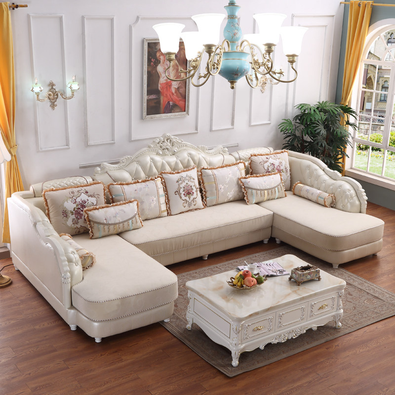 欧式沙发组合客厅简约U型4米双贵妃沙发简欧实木大户型高档别墅款
